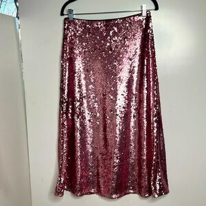 H&M Sz 8 Pink Metallic Sequins Lined Back Zip 32” A Line Skirt - New